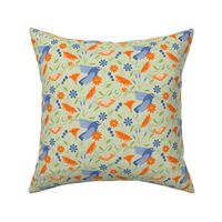 Scandi / blue birds / orange flowers / light green