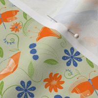 Scandi / blue birds / orange flowers / light green