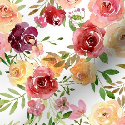 Summer Delight Floral – Burgundy Peach Yellow Gold Flowers, LARGE scale