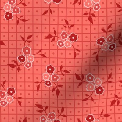 Ditsy Floral Grid Red and Coral