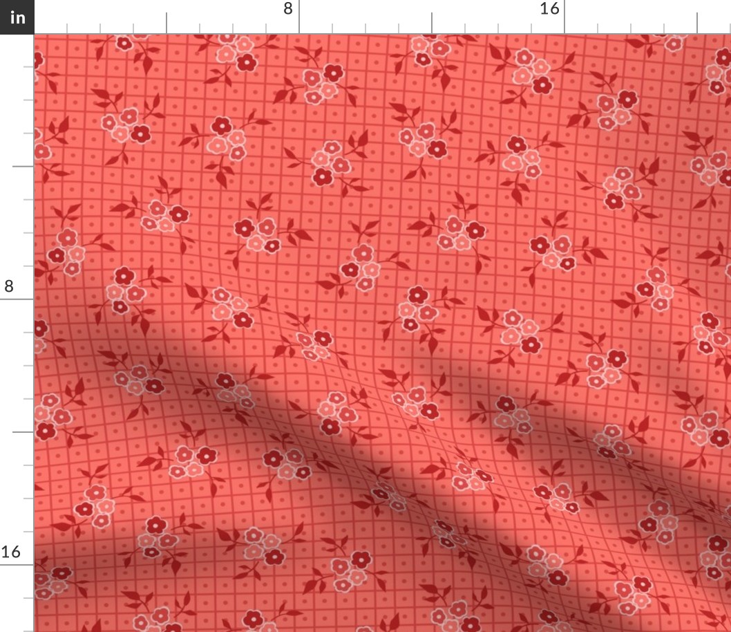 Ditsy Floral Grid Red and Coral