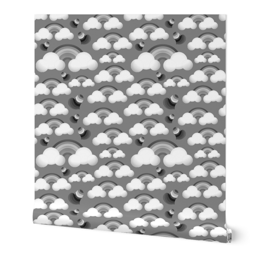 Hearts, Rainbows & Clouds - greyscale on silver grey, large 