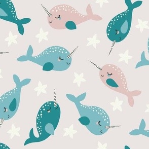 girly narwhals // cute narwhals in teal, aqua and pink