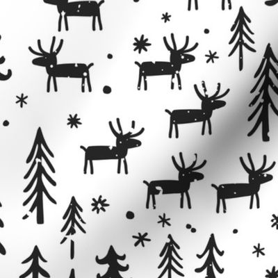 Cartoon deer, trees, and snowflakes