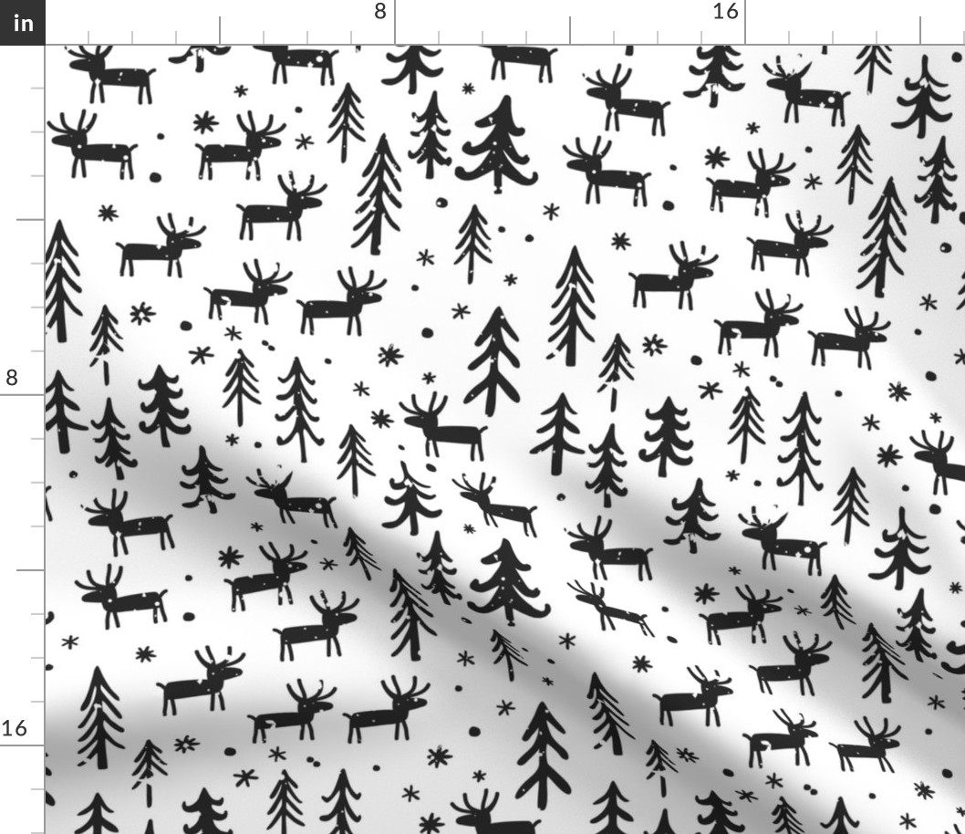 Cartoon deer, trees, and snowflakes