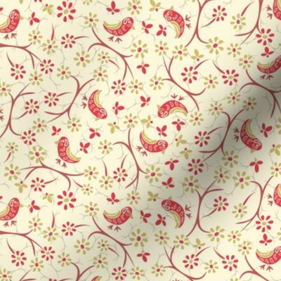Little Red Birds on twigs: Retro ochre, cream, sweet, small quilt ditsy