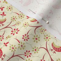 Little Red Birds on twigs: Retro ochre, cream, sweet, small quilt ditsy