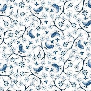 Blue Birds on twigs, White, blues, a bit of gray-ish, retro, very small scale, ditsy.