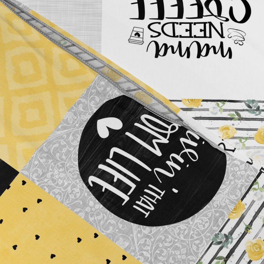 MomLife//Coffee//Yellow - Wholecloth Cheater Quilt - Rotated