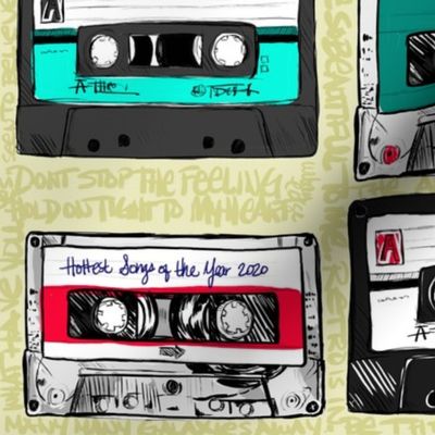 Retro cassette tapes with graffiti on lime