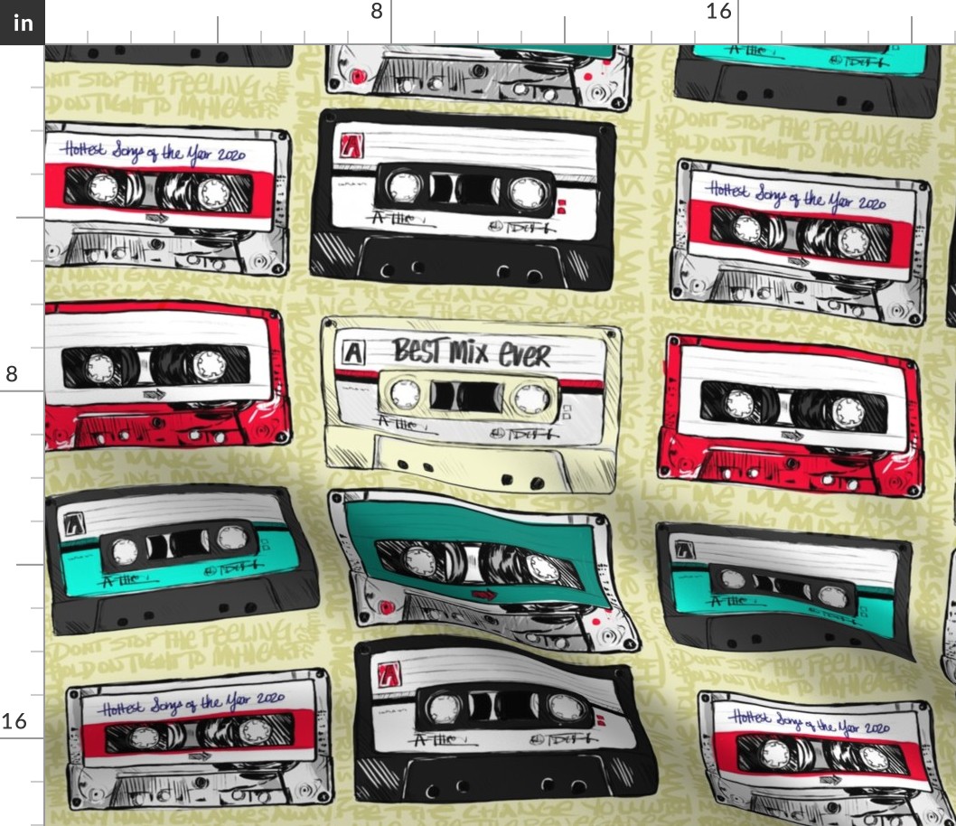 Retro cassette tapes with graffiti on lime