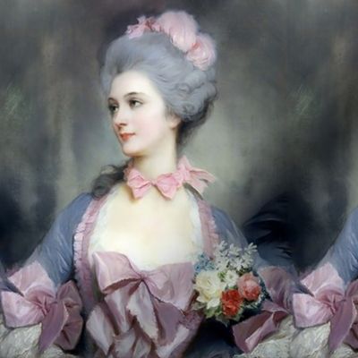 Marie Antoinette inspired princesses pink gowns lace baroque victorian beautiful lady woman beauty portraits flowers bows chokers feathers roses dress pouf ballgowns Bouffant rococo  elegant gothic lolita egl 18th century neoclassical  historical grey hai