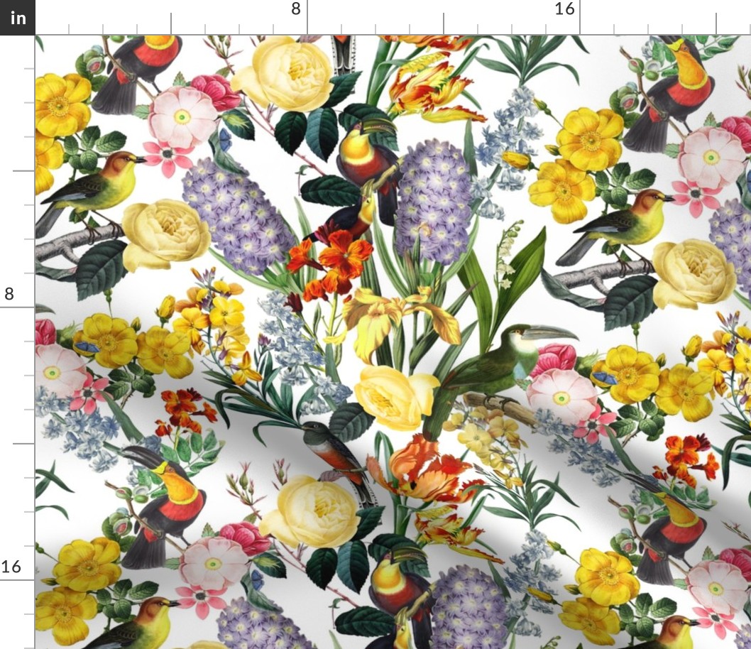 14" Vintage Toucan Bird Spring Flowers Midnight  Garden Jungle white