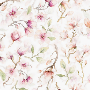 21" Blush Hand Drawn Watercolor Magnolia Flowers Spring Pattern