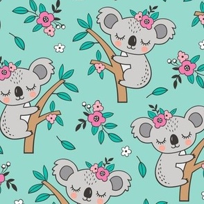 Dreamy Koala on Tree and Flowers Mint Green