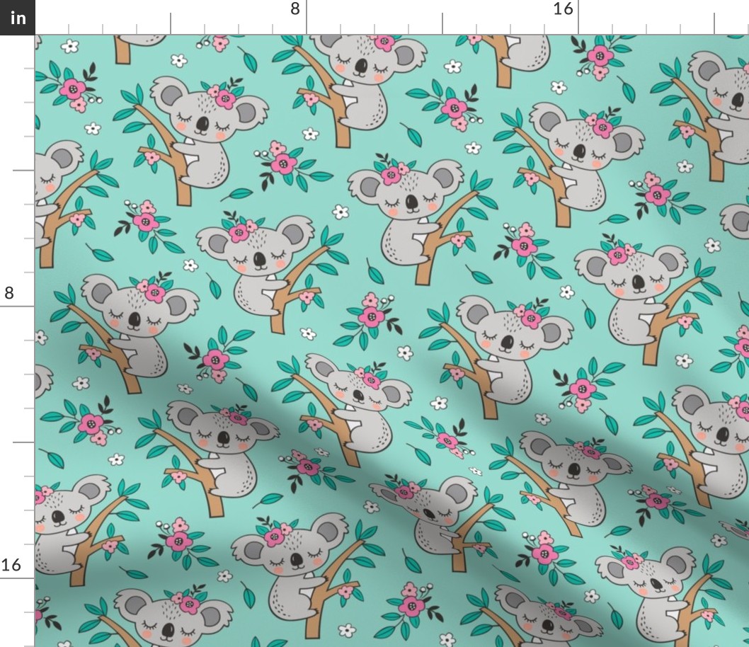 Dreamy Koala on Tree and Flowers Mint Green