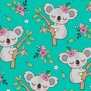 Dreamy Koala on Tree and Flowers Green