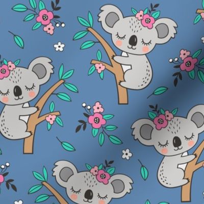 Dreamy Koala on Tree and Flowers Dark Blue Navy
