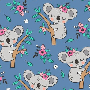 Dreamy Koala on Tree and Flowers Dark Blue Navy
