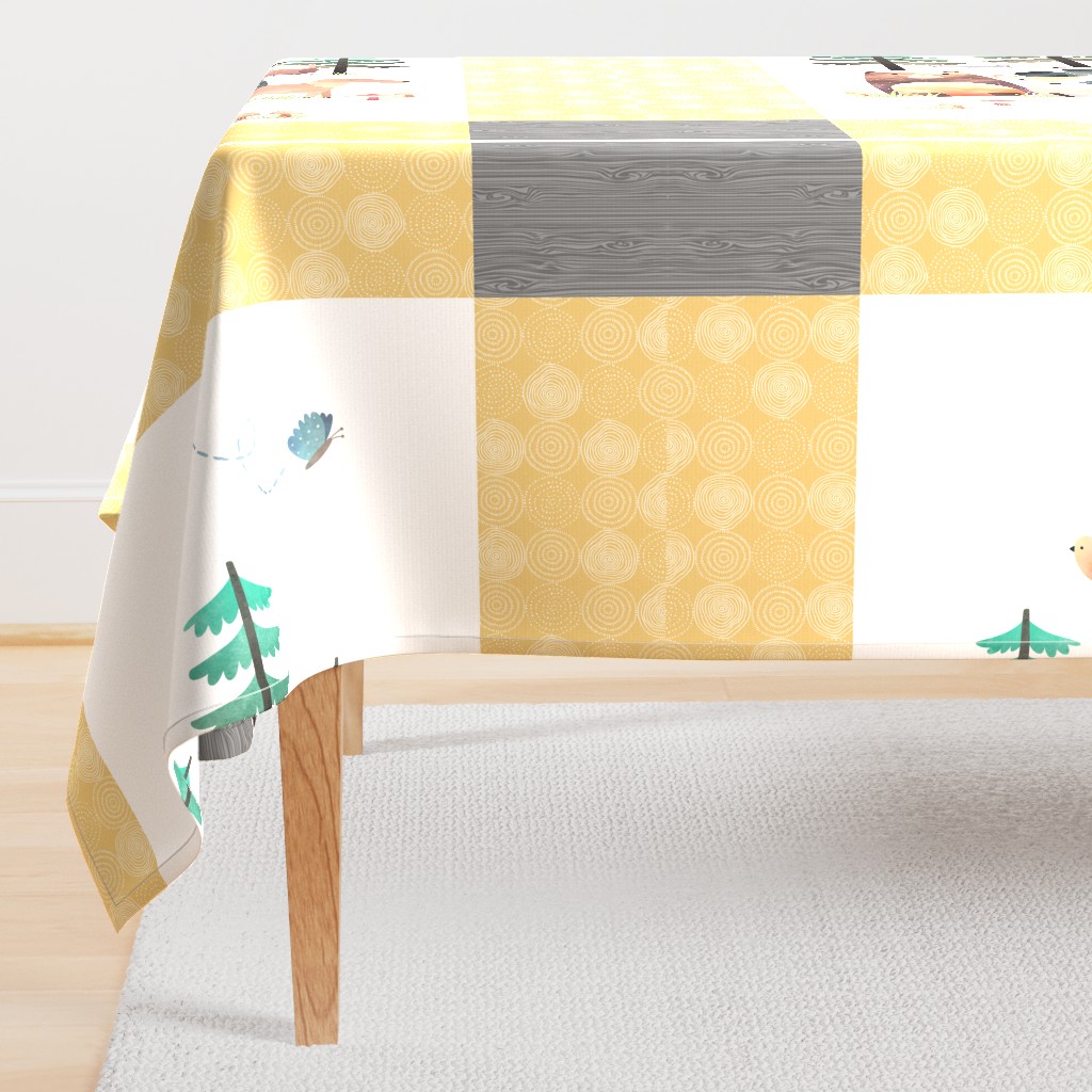 54”x36” MINKY Panel – Honey Yellow Woodland Critters Blanket, Nursery Bedding, Bear Moose Wolf Raccoon Fox Pine Trees, FABRIC REQUIRED IS 54” or WIDER