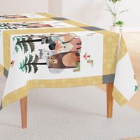 54”x36” MINKY Panel – Honey Yellow Woodland Critters Blanket, Nursery Bedding, Bear Moose Wolf Raccoon Fox Pine Trees, FABRIC REQUIRED IS 54” or WIDER