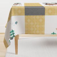 54”x36” MINKY Panel – Honey Yellow Woodland Critters Blanket, Nursery Bedding, Bear Moose Wolf Raccoon Fox Pine Trees, FABRIC REQUIRED IS 54” or WIDER