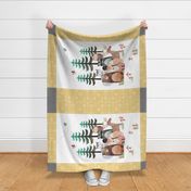 54”x36” MINKY Panel – Honey Yellow Woodland Critters Blanket, Nursery Bedding, Bear Moose Wolf Raccoon Fox Pine Trees, FABRIC REQUIRED IS 54” or WIDER