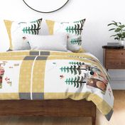 54”x36” MINKY Panel – Honey Yellow Woodland Critters Blanket, Nursery Bedding, Bear Moose Wolf Raccoon Fox Pine Trees, FABRIC REQUIRED IS 54” or WIDER