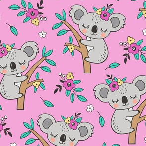 Dreamy Koala on Tree and Flowers Magenta Pink