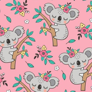 Dreamy Koala on Tree and Flowers Warm Pink