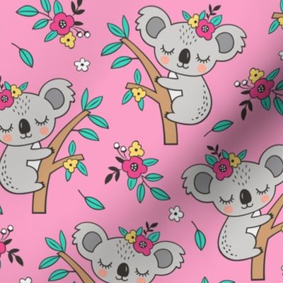 Dreamy Koala on Tree and Flowers Pink