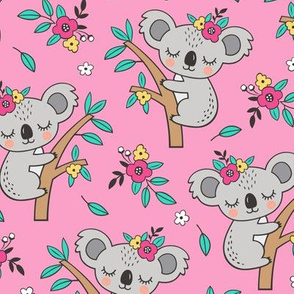 Dreamy Koala on Tree and Flowers Pink