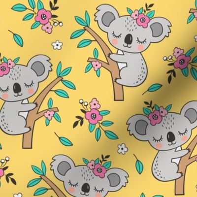 Dreamy Koala on Tree and Flowers Yellow