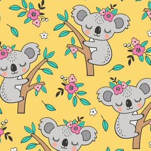 Dreamy Koala on Tree and Flowers Yellow