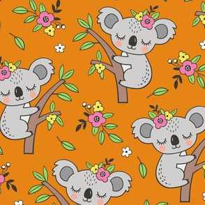 Dreamy Koala on Tree and Flowers Dark Orange