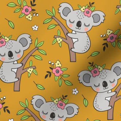 Dreamy Koala on Tree and Flowers Yellow Mustard