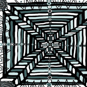 3D pine and mint green, black and white wonky geometric, large scale