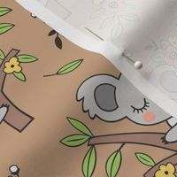 Dreamy Koala on Tree and Flowers Light Brown