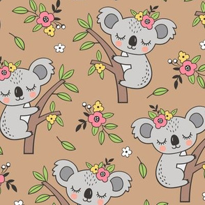 Dreamy Koala on Tree and Flowers Light Brown