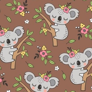 Dreamy Koala on Tree and Flowers Dark Brown