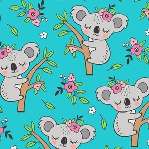 Dreamy Koala on Tree and Flowers Blue