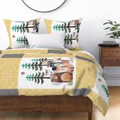 42”x36” Blanket Panel – Honey Yellow Woodland Critters Blanket, Nursery Bedding, Bear Moose Wolf Raccoon Fox Pine Trees