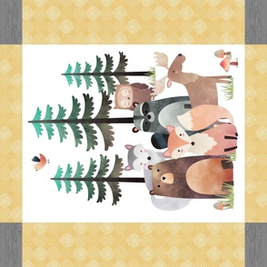 42”x36” Blanket Panel – Honey Yellow Woodland Critters Blanket, Nursery Bedding, Bear Moose Wolf Raccoon Fox Pine Trees