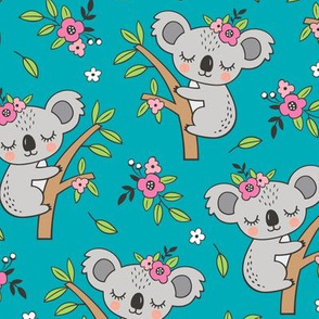 Dreamy Koala on Tree and Flowers Dark Aqua Blue