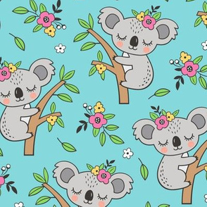 Dreamy Koala on Tree and Flowers Light Blue