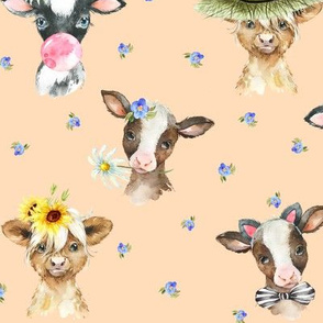 Farm Cow Chic (apricot) – blue flowers, MEDIUM scale