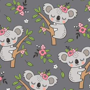 Dreamy Koala on Tree and Flowers Dark Grey