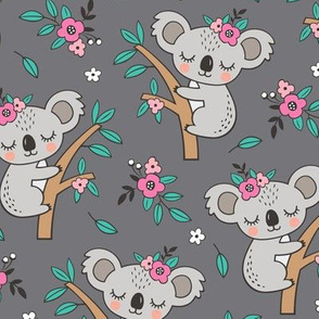 Dreamy Koala on Tree, Mint Leaves and Flowers Dark Grey