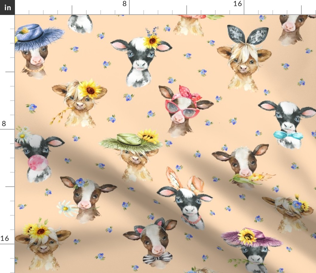 Farm Cow Chic (apricot)– blue flowers, LARGER scale