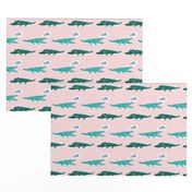 later gator // green alligators on a striped pink background